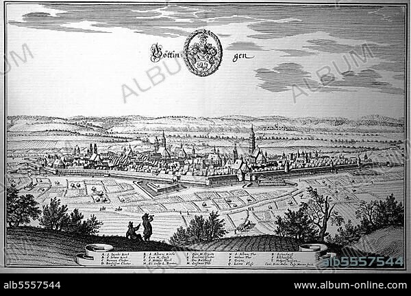 Göttingen im Mittelalter, Baden-Württemberg, Deutschland, Historisch, digital restaurierte Reproduktion einer Originalvorlage aus dem 18. Jahrhundert, genaues Originaldatum nicht bekannt.