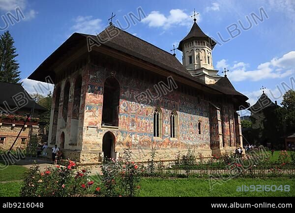 Vatra Moldovitei, Moldovita Monastery, Manastirea Moldovita, a Romanian Orthodox womans monastery, frescoes on the church inside the monastery walls dedicated to the Annunciation, inscribed on the UNESCO World Heritage List in 1993, Moldovan Monasteries, Romania, Europe.