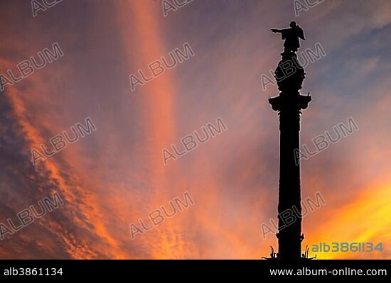Columbus Monument, column at sunset, Barcelona, Catalonia, Spain, Europe.