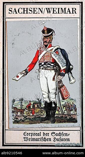 German Uniforms of the 19th century, Lines, Cavalry: Saxe-Weimar, Corporal of the Saxe-Weimar Hussars, Historical, digitally restored reproduction of a public domain collector's picture from the early 20th century.