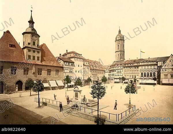 Market Square and Bismarck Fountain in Jena; Thuringia; Germany; Historical; Photochrome print from the 1890s; Europe.