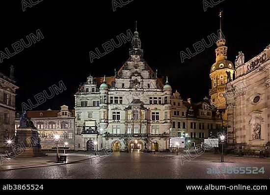 Georgenbau or Georgentor building and Dresden Castle at night, historic centre, Dresden, Saxony, Germany, Europe.