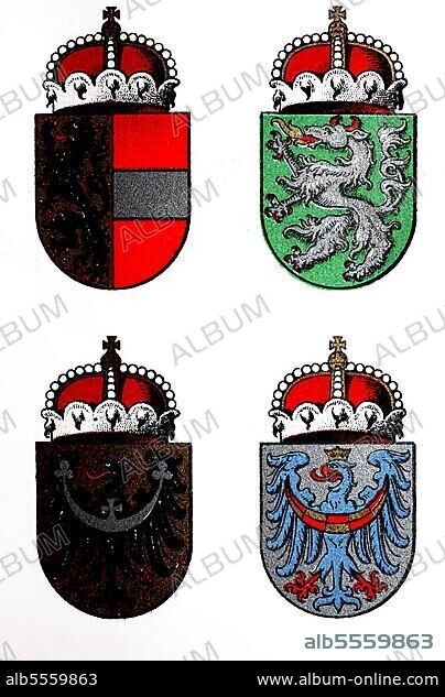 Wappen der österreichisch-ungarischen Kronländer: Salzburg, Steiermark, Schlesien, Krain, 1890, digital restaurierte Reproduktion einer Originalvorlage aus dem 19. Jahrhundert.