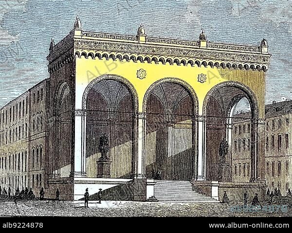 The Feldherrnhalle building in Munich, Bavaria, Germany, digitally restored reproduction of an original 19th century painting, exact original date unknown, Europe.