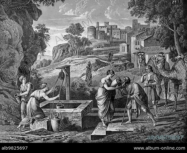 Servant Eliezer and Rebekah at the well; City of Nahor; Mesopotamia; Near East; First Book of Moses; Chapter 24; Verses 10-61; Old Testament; Bible; Nahor; landscape; drawing water; winds; people; camels; rocks; jug; drinking; historical illustration 1890.