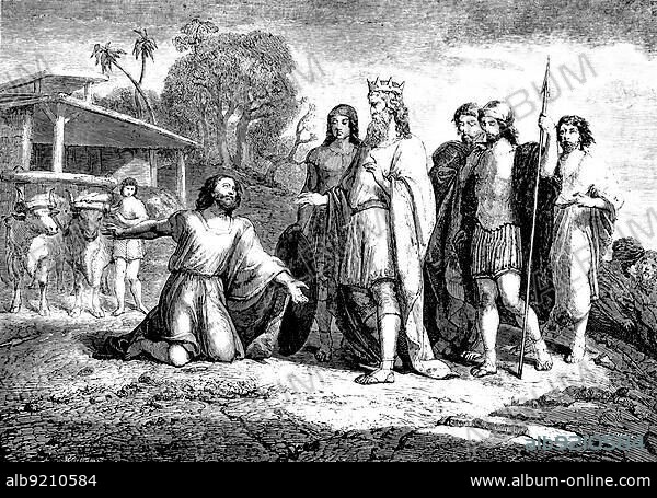 The Tebsite Arasna offers King David his threshing floor, barn, offer, group, kneel, servant, come, buy, build altar, plague, cease, people, oxen, harness, house, trees, subject, Bible, Old Testament, Second Book of Samuelis, chapter 24, verses 21 and 22, historical illustration c. 1850, Middle East.