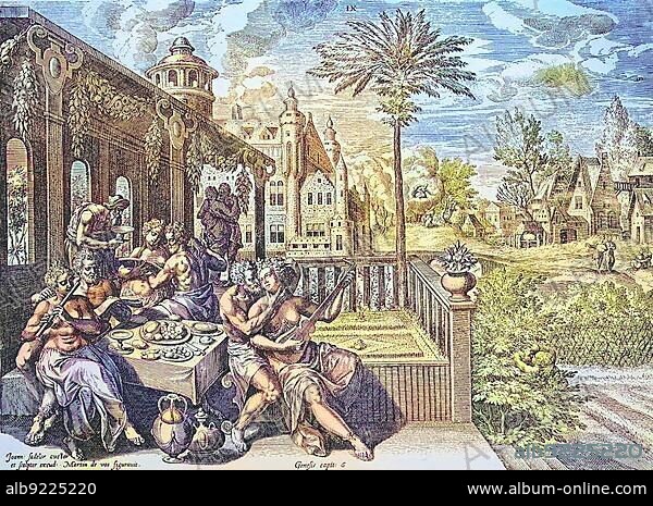 The erotic pleasures of Bacchus, Zeres and Venus, copperplate engraving by Johann Sadeler, 1750, digitally restored reproduction of a 19th century original, exact original date not known.