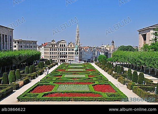 View from the Mont des Arts to the equestrian statue of King Albert I, park at the Albert I Royal Library, Place de l'Albertine, Gothic tower of city hall at back, Brussels, Belgium, Europe, PublicGround, Europe.