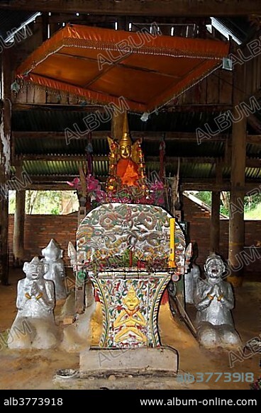 Buddhism and animism, altar in the temple of the Phunoy ethnic group, Ban Komaen, Phongsali district and province, Laos, Southeast Asia, Asia.