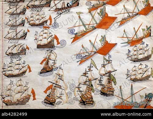 Miniature. Ottoman troops at the reconquest of the island of Lemnos in the Aegean Sea occupied by the Venetians. Detail: naval battle between the Venetians and the Ottomans for control of the Aegean Sea. In: 'Memorie Turchesche', Cicogna Manuscript 1971. 17th century. Venice, Museo Civico Correr.