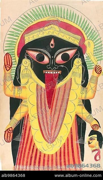 Kali, an important goddess of death in Hinduism, holding the head of a demon, 1890, East India, Bengal, Kolkata, Temple Kalighat, Historical, digitally restored reproduction from a 19th century original.