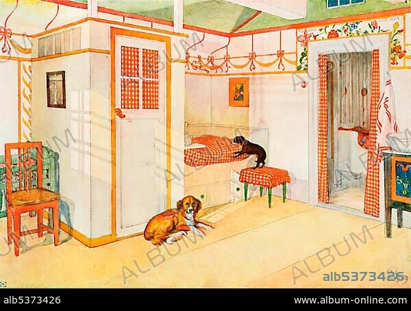 Joupjoup and Kicki, historical illustration, Carl Larsson, Let the light in, Berlin, 1909, No. 22.