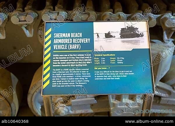 Information panel about Sherman Beach Armoured Recovery Vehicle (BARV) D-Day landings, REME museum, MOD Lyneham, Wiltshire, England, UK.