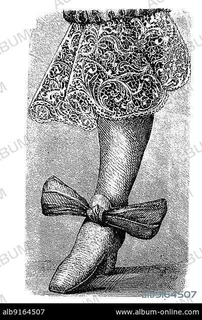 Legwear with lace, 1660, foot of King Louis XIV France, History of Fashion, History of Costume, Historical, digitally restored reproduction of a 19th century original, exact date unknown.