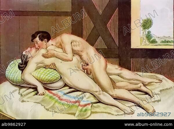 Lovers having sex in a barn, erotic watercolour by Peter Johann Nepomuk Geiger (11 January 1805) (29 October 1880), an Austrian painter and draughtsman, Historic, digitally restored reproduction from an original of the period.
