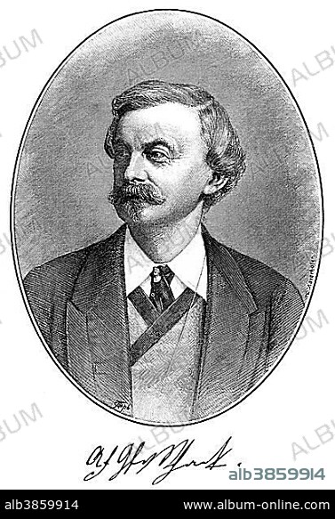 Historic printing, portrait by Adolf Friedrich Graf von Schack, 1815 - 1894, German poet, art and literary historians, from the Illustrated History of German National Literature, by Gustav Koennecke, 1887.