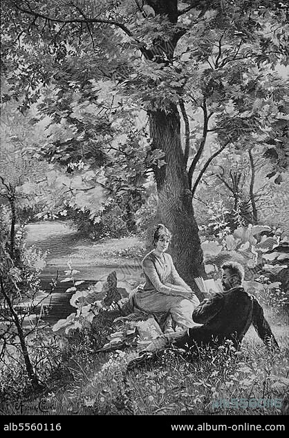 Der Liebesroman, junges Paar liegt auf der Wiese, Frühlingsstimmung, er liest ihr aus einem Buch vor, 1880, Deutschland, Historisch, digitale Reproduktion einer Originalvorlage aus dem 19. Jahrhundert, Originaldatum nicht bekannt.