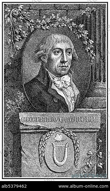 Historical illustration from the 19th century, portrait of Gottfried August Burger, 1747 - 1794, a German poet of the Enlightenment, author of The Adventures of Baron Munchausen.