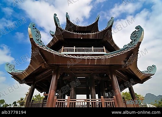Bell tower with one of the heaviest bells in the world, construction site at the Chua Bai Dinh pagoda, to become one of the largest pagodas in Southeast Asia, near Ninh Binh, Vietnam, Southeast Asia, Asia.