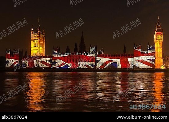 British Flag Union Jack, projection on the facade, Houses of Parliament, Big Ben, Olympic Games 2012, Unesco World Heritage Site, London, England, United Kingdom, Europe.