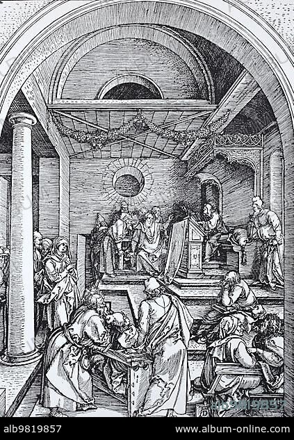 Picture cycle The Life of the Virgin; Christ among the Doctors in the Temple; woodcut by Albrecht Dürer; historical; digital improved reproduction of an old woodcut.