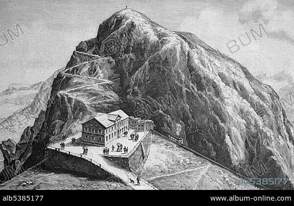 Summit of Pilatus mountain, Pilatuskulm Hotel, Switzerland, historical picture, about 1893, Europe.
