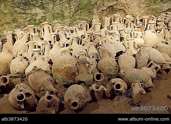 Ancient vessels in the cellar underneath Pula Arena, amphitheatre, Pula, Istria, Croatia, Europe.