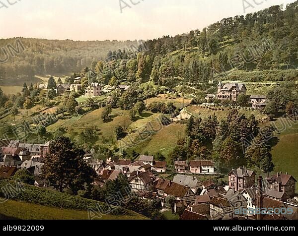 Place Ruhla and Hotel Landgraf in Thuringia; around 1890; Germany; Historical; digitally restored reproduction from a 19th century original; Europe.