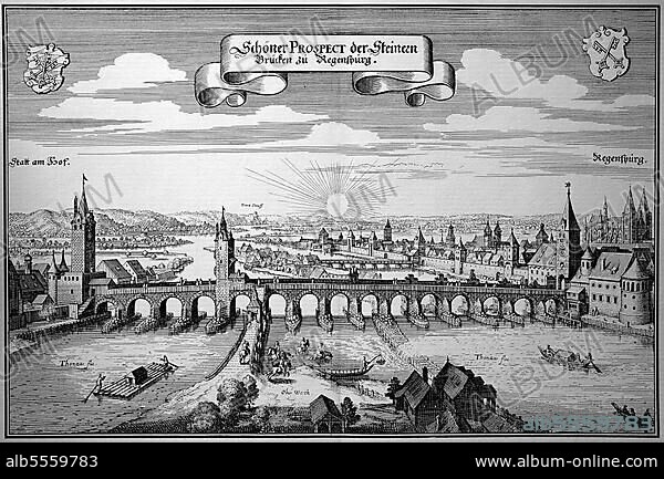 Regensburg mit den Donaubrücken im Mittelalter, Oberpfalz, Bayern, Deutschland, Historisch, digital restaurierte Reproduktion einer Originalvorlage aus dem 18. Jahrhundert, genaues Originaldatum nicht bekannt.