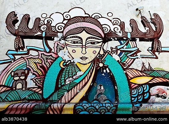 Graffiti, colourful painting of a young Mongolian woman on a house wall, Ulanbator, Mongolia, Asia.