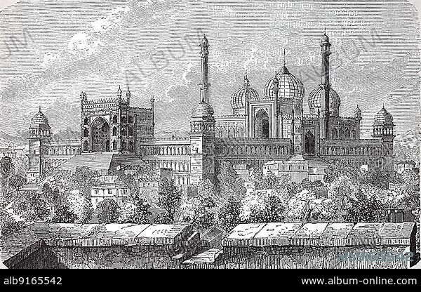 Jama Masjid, Jami Masjid, Friday Mosque, shah jahan (Jahan) Numa, in Delhi is the largest mosque in India, here in 1890, Historic, digitally restored reproduction of a 19th century original, exact original date unknown.