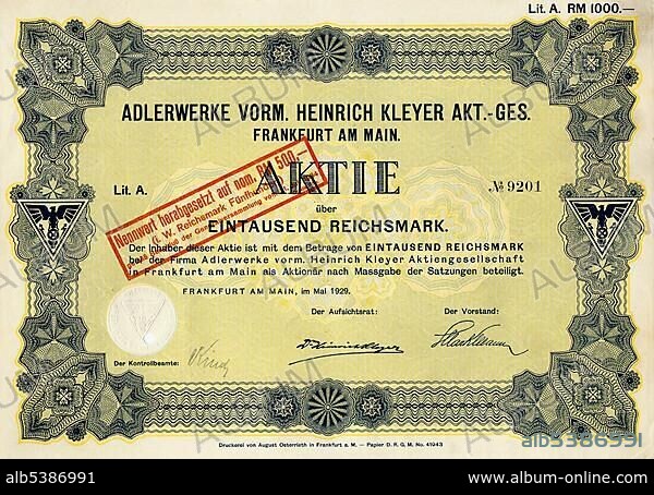 Historic share certificate, 1000 reichsmarks, Adlerwerke vormals Heinrich Kleyer Aktien-Gesellschaft, Frankfurt am Main, a former car company and mechanical engineering company, that produced bicycles, cars, motorcycles and office equipment, 1929, Germany, Europe.