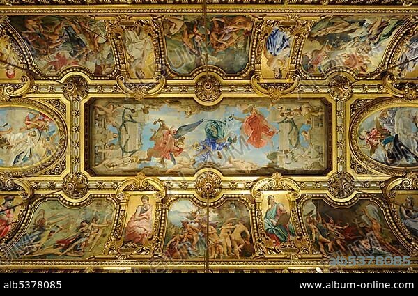Interior, Grand Foyer with ceiling painting by Paul Baudry with motifs from musical history, OpÃ©ra Palais Garnier opera, Paris, France, Europe.