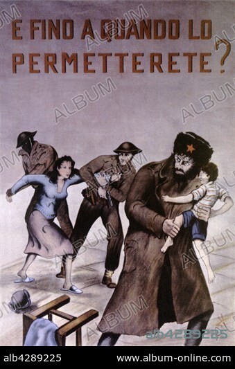 Fascist propaganda poster after the allied landing in Sicily, 1943. Italy, Second World War war.