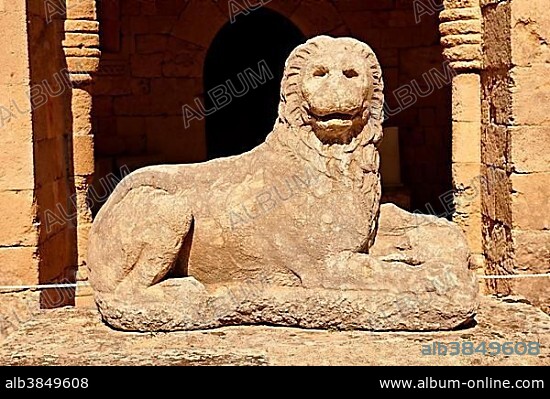 Hellenistic Lion sculpture in the Medieval Hospital of the Knights of St John, completed in 1480, houses the Archeological Museum, UNESCO World Heritage Site, Rhodes, Greece, Europe.