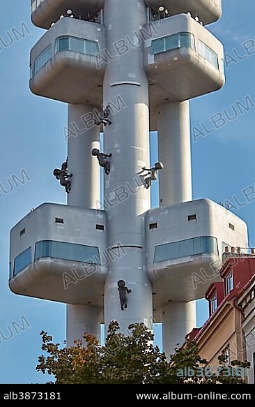 TV Tower with sculptures of crawling babies by the artist David Cerný, Prague, Czech Republic, Europe.