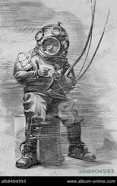 Diver in full equipment under water, 1885, England, Historic, digitally restored reproduction of an original 19th century painting, exact original date unknown.
