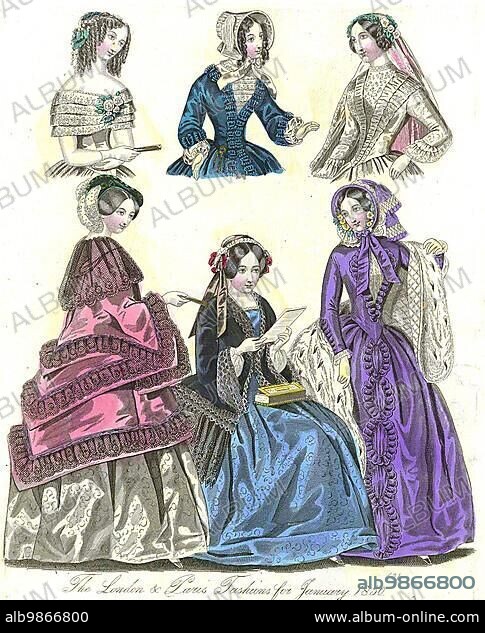 Fashion through the ages, Ladies' fashion in Paris and London, 1850, Historical, digitally restored reproduction from a 19th century original.
