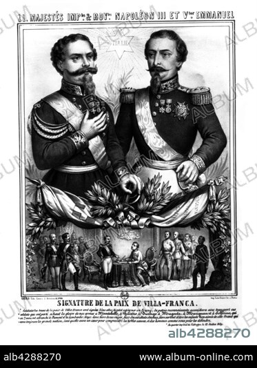 Napoleon III and Victor Emmanuel II (1820-1878) (Vittorio Emanuele II). Signature of the peace of Villafranca. July 12, 1859. ItalyParis, Bibliothèque Nationale.