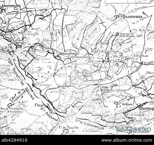 First World War.. Map of positions at the time of the Battle of Verdun and the land around the forsts of Douaumont and Vaux with an indication of attacking front lines of the French divisions on 24th October 1916.