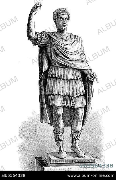 Gaius Cäsar Augustus Germanicus, 31. August 12, 24. Januar 41, postum bekannt als Caligula, war von 37 bis 41 römischer Kaiser, Illustration aus 1880 nach einer Statue im Museum von Neapel, Historisch, digital restaurierte Reproduktion einer Originalvorlage aus dem 19. Jahrhundert.