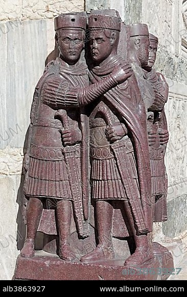 Four Tetrarch, porphyry statues, royal figures at the Porta della Carta, St. Mark's Basilica, San Marco, Venice, Veneto, Italy, Europe.