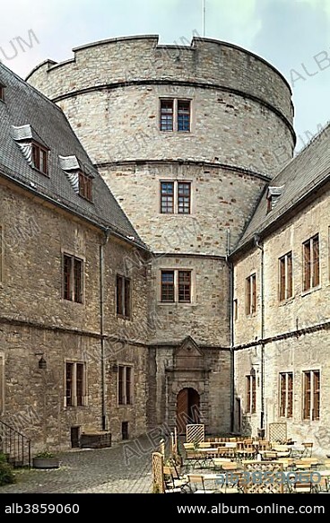 Inner courtyard of the Wewelsburg, triangular castle, 17th century, 1934-45 cult-site of the SS under Himmler, now Historical Museum, Büren-Wewelsburg, Paderborn district, North Rhine-Westphalia, Germany, Europe.