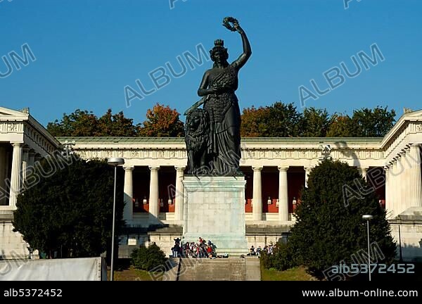 Statue of Bavaria with Ruhmeshalle Theresienwiese Munich Bavaria Germany.