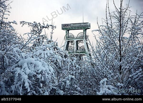 Snow-covered Prosper Haniel Coal Mine, Bottrop, North Rhine-Westphalia, Germany, Europe.