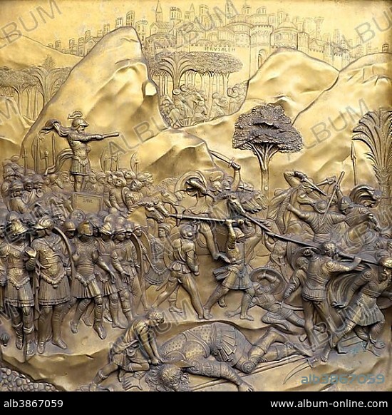 David and Goliath, relief, Gate of Paradise of the Baptistery of San Giovanni, Florence, Tuscany, Italy, Europe.