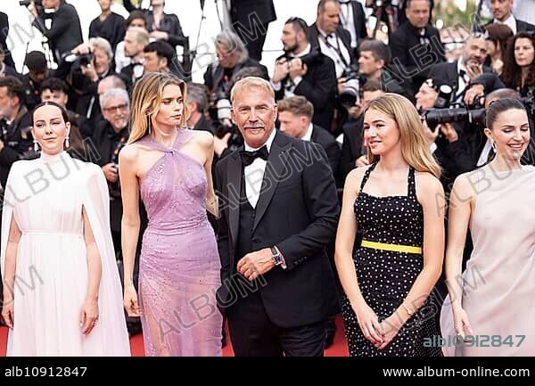 Cannes, France, 14.5.2024: Jena Malone, Abbey Lee Kershaw, Kevin Costner, Georgia Macphail and Ella Hunt at the premiere of Horizon: An American Saga on the red carpet of the Palais des Festivals during the 77th Cannes International Film Festival. The 77th Cannes International Film Festival will take place from 14 to 25 May 2024, Europe.