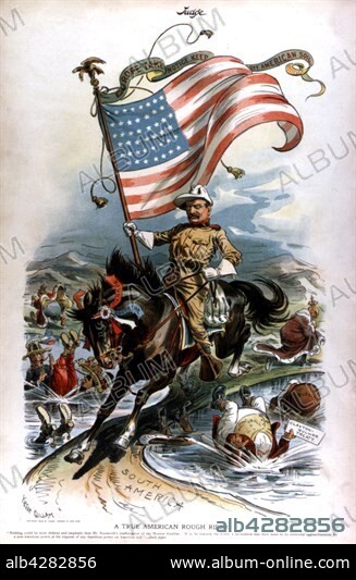 Satirical cartoon in "Judge". Theodore Roosevelt and the Rough Riders. 1903. Spanish-American war. Washington. Library of Congress.