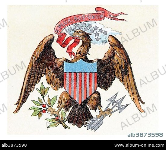 Coat of arms of the United States of North America, historical illustration, Meyers Konversationslexikon encyclopedia, 1897.