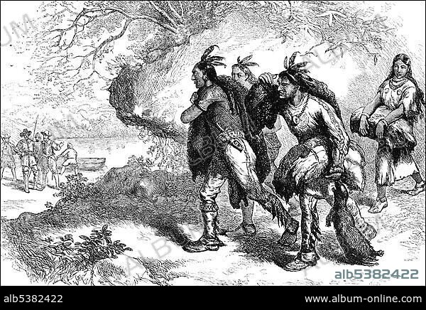 Historical scene, US-American history, 17th century, Patawomeke or Potomac Indians selling beaver fur to Captain Henry Fleet, 1630, Chesapeake Bay, Maryland, USA, North America.